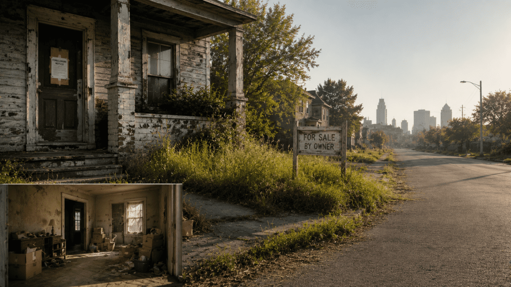Distressed home with overgrown lawn and faded For Sale By Owner sign, representing motivated sellers and off-market real estate opportunities.