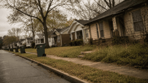 Quiet suburban street on trash day with one vacant home missing a trash can, highlighting a Driving for Dollars real estate opportunity.